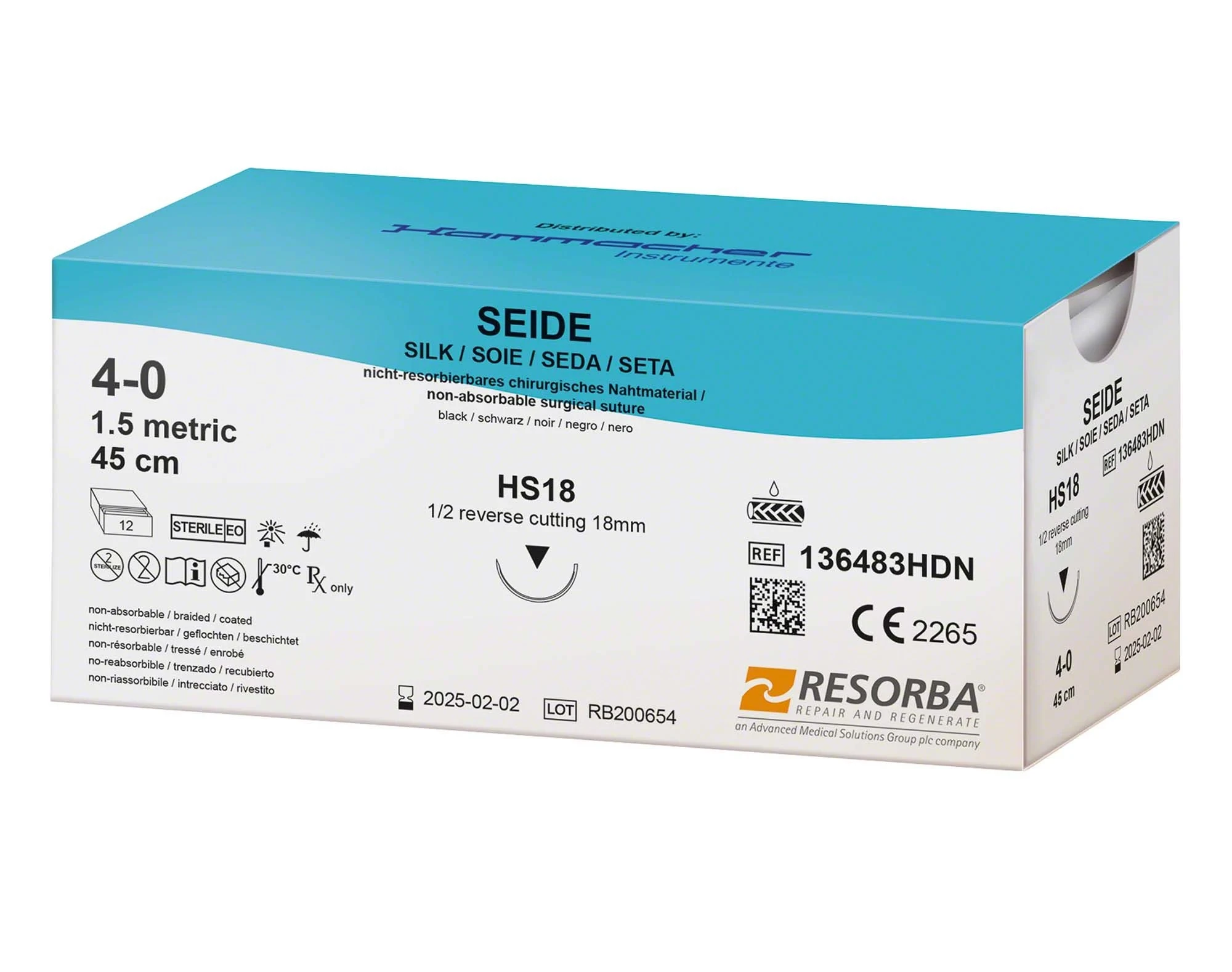 RESORBA Nahtmaterial, Seide, schwarz, HS18, USP 4/0, 12 Stück