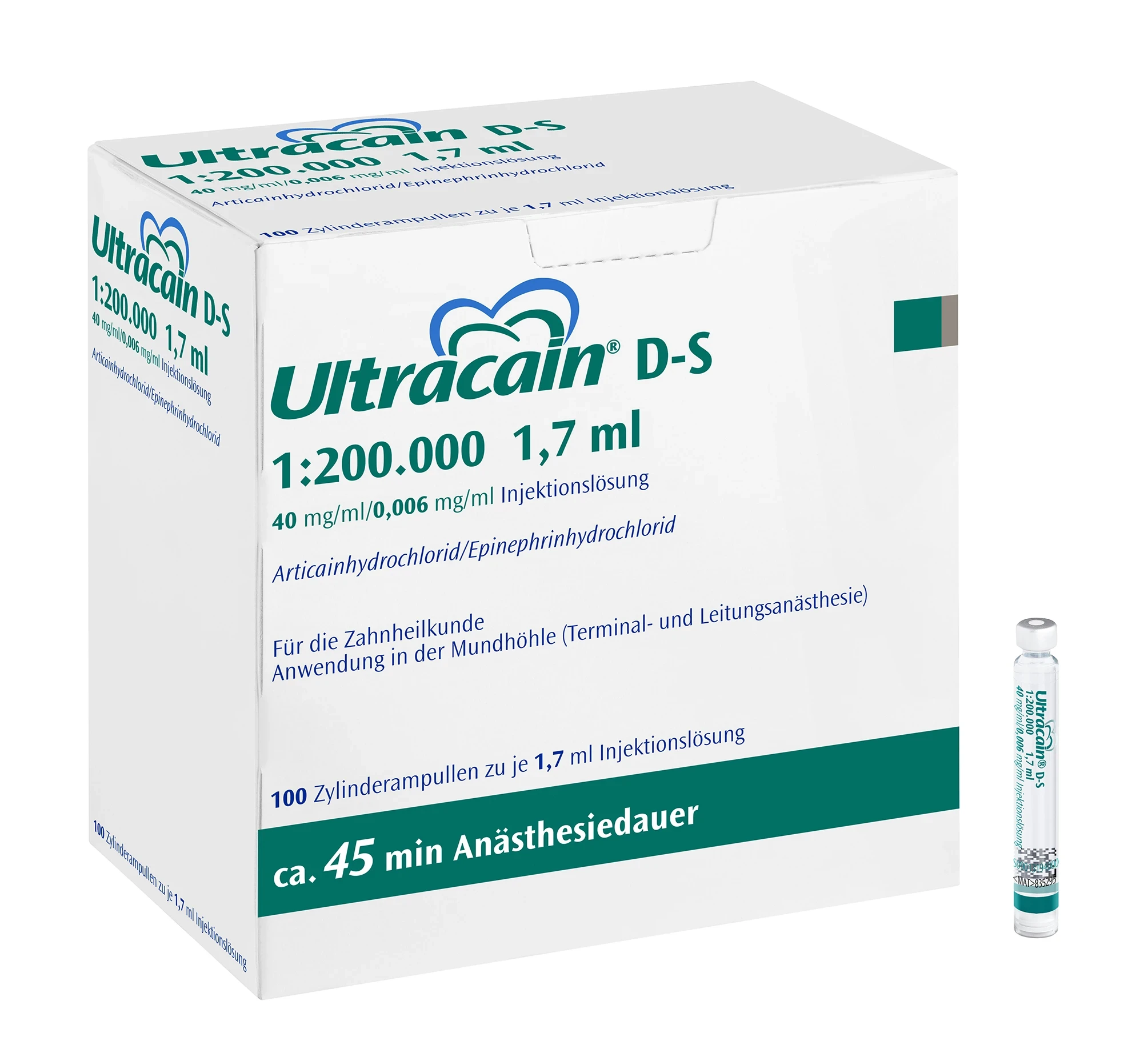 Ultracain D-S 1:200.000, Lokalanästhetikum, grün, 100 Zylinderampullen à 1,7 ml
