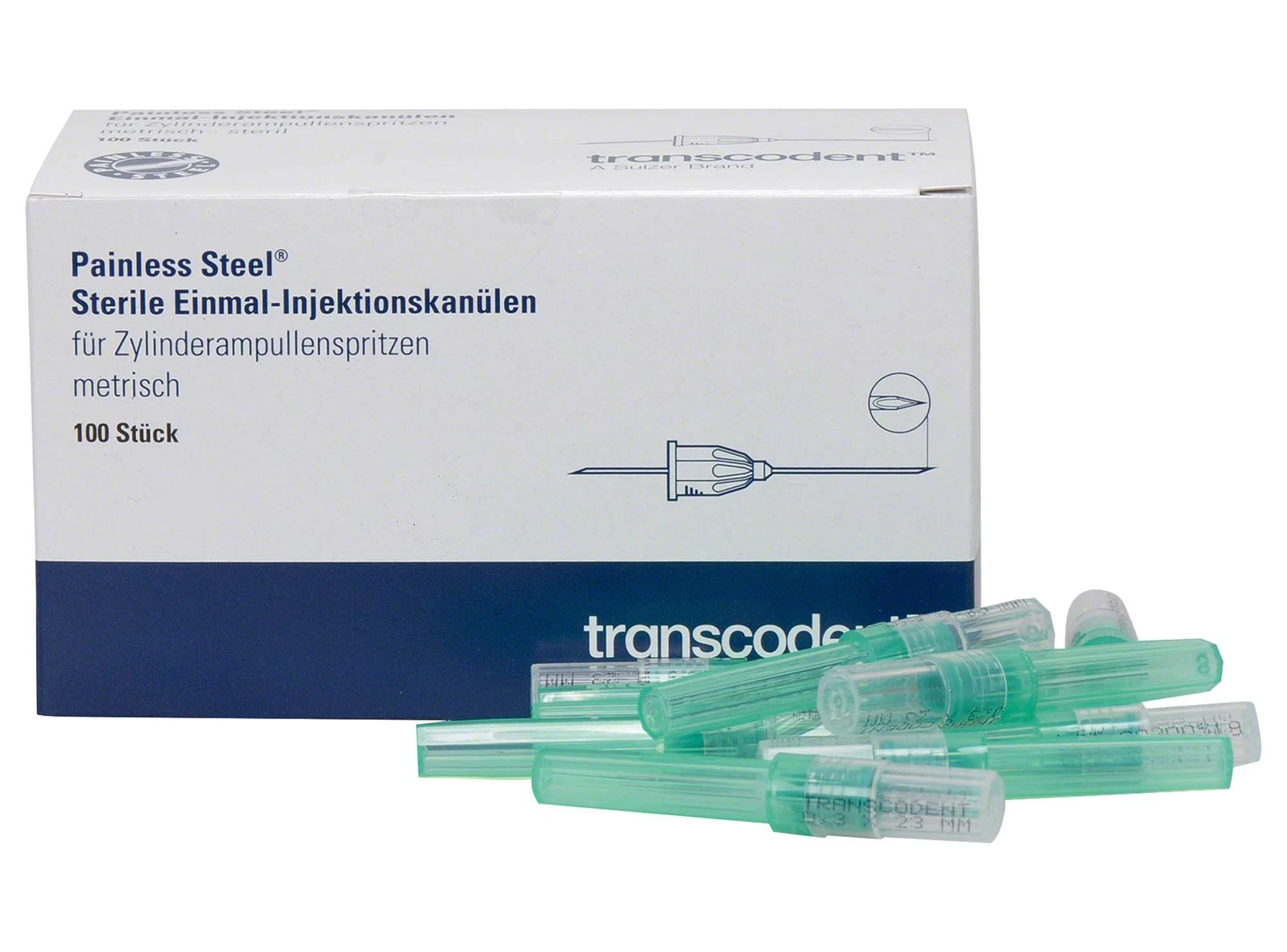 Painless Steel Einmal-Injektionskanülen, 0,3 × 23mm, 30G, grün, Packung à 100 Stück