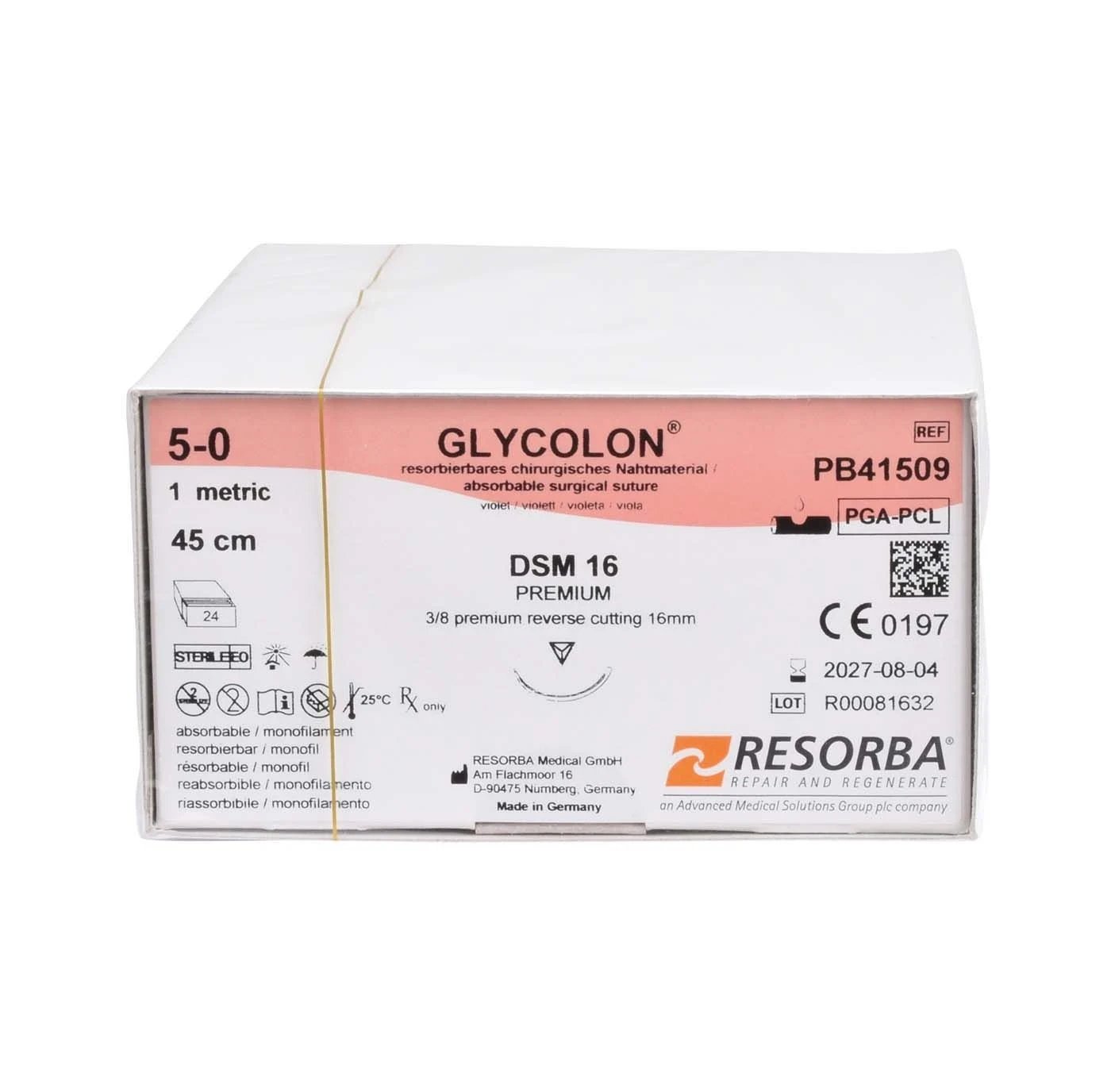 Glycolon, Nadel-Faden, USP 5-0, DSM 16, 45 cm, 2Dtz, violett, Packung à 24 Stück