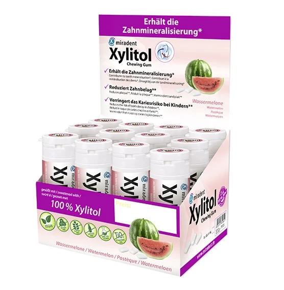 miradent Xylitol Chewing Gum, Wassermelone, Kids, Display à 12 Dosen