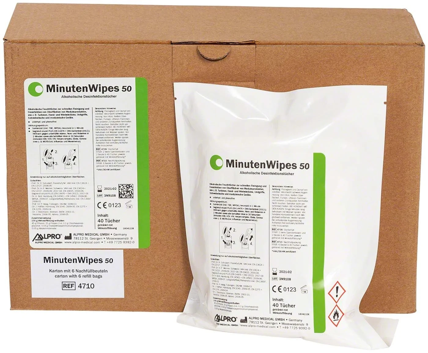 MinutenWipes 50, Desinfektion und Reinigung, 14 × 20 cm, Packung à 6 Nachfüllbeutel