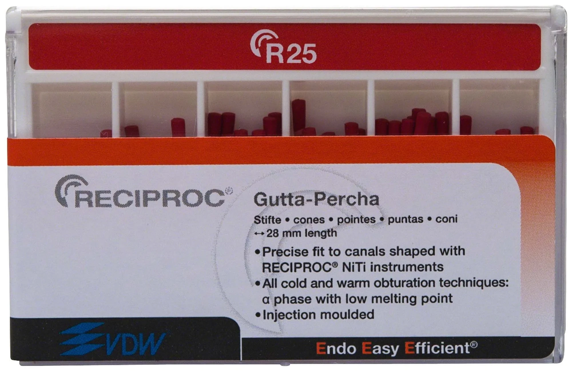 Reciproc Guttapercha, 28 mm, ISO R25, rot, Packung à 60 Stück