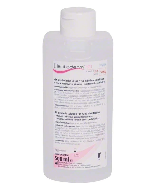 Dentoderm HD liquid, Liquid, Desinfektion, Typ gebrauchsfertige Lösung, Reinigung hygienische und chirurgische Händedesinfektion, Listungen VAH, Eurospenderflasche 500 ml