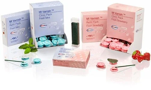 GC MI Varnish - Clinic-Packung Erdbeere, Packung 100 x 0,4 ml und 100 Bürsten