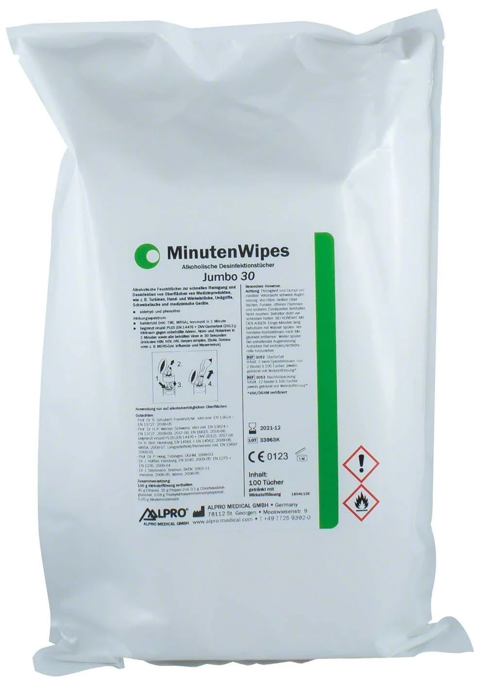 MinutenWipes Jumbo 30, Wischdesinfektion, 21 × 26 cm, 12 Nachfüllbeutel à 100 Tücher