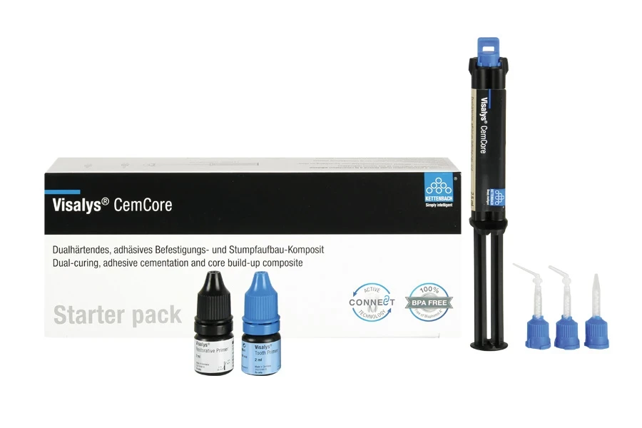 Visalys CemCore Starter pack Universal (A2/A3): 1 x 2,5 ml, 2 ml Tooth Primer, 2 ml Restorative Primer, 5x Mischkanülen blau spitz, 5 Mischkanülen blau stumpf, 3 Intraoral tips, 2 Endo tips