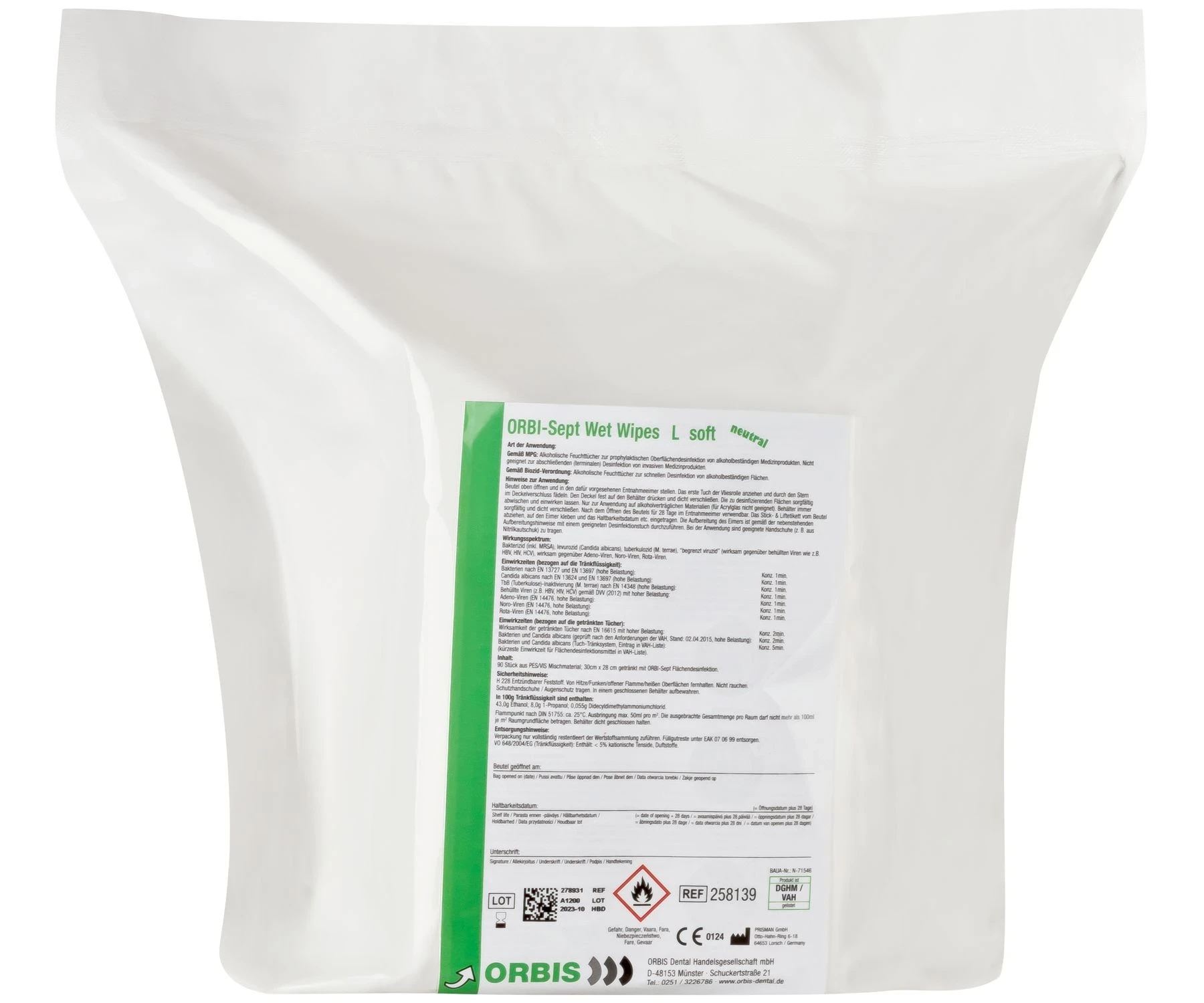 ORBI-Sept Wet Wipes L Soft Sensitiv NE, Wischdesinfektion, Tuchqualitäten: Standart - 24g/m², 28 x 30 cm, neutral, 90 Tücher