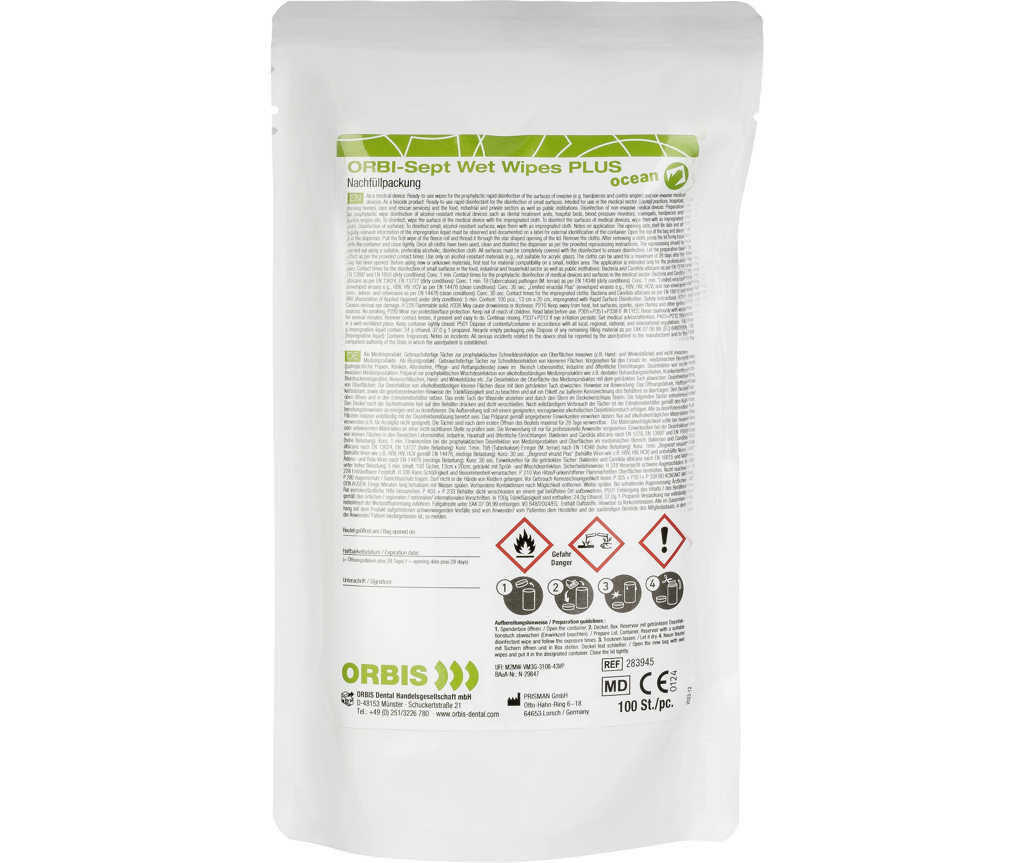 ORBI-Sept Wet Wipes S Plus Cool, Desinfektion und Reinigung, aldehydfrei, phenolfrei, Format 12 x 20 mm, Duft cool fresh, Listungen VAH-/DGHM, Beutel 1 x 100 Tücher