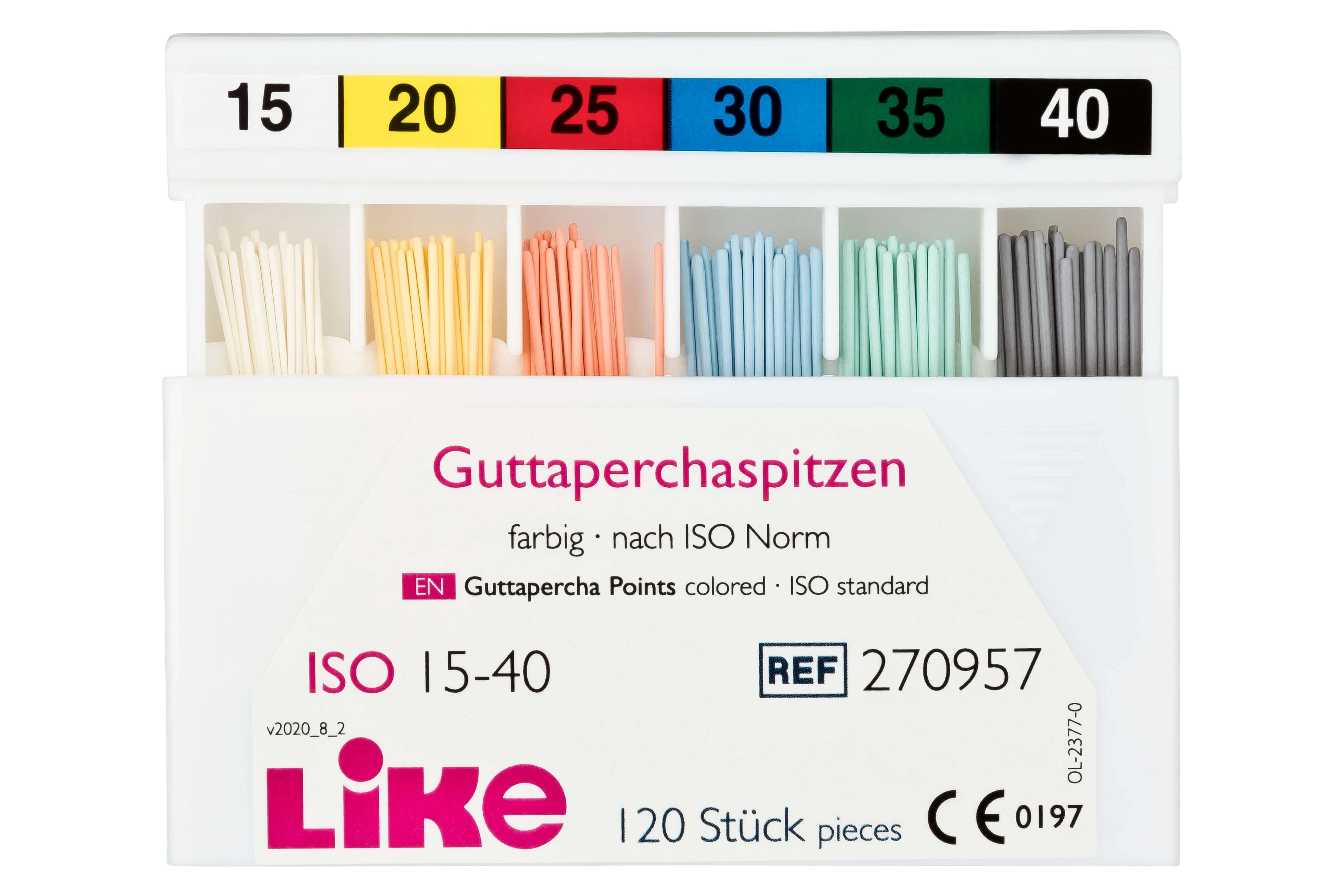 Guttaperchaspitzen, sortiert, 15-40, Schiebeschachtel 120 Stück