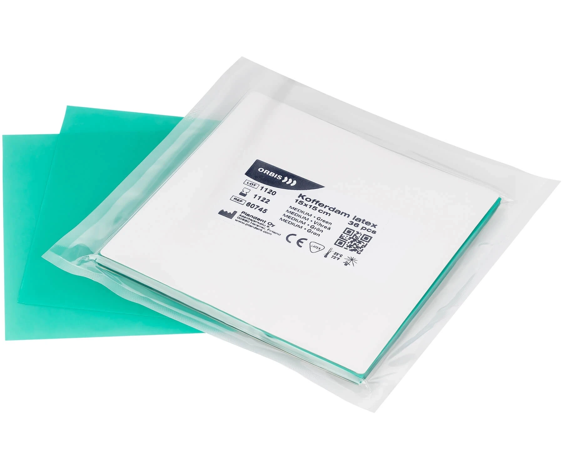 ORBIS Kofferdam Latex, leicht gepudert latexfrei, Farbe dunkelgrün, Stärke mittel, Breite 15 x 15 cm, Latex 36 Blatt