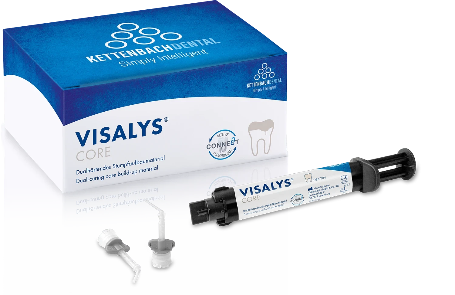 Visalys Core Intro pack Dentin: 1 x 5 ml, 10 Mischkanülen grau, 5 Intraoral tips, 5 Endo tips - Automixspritze