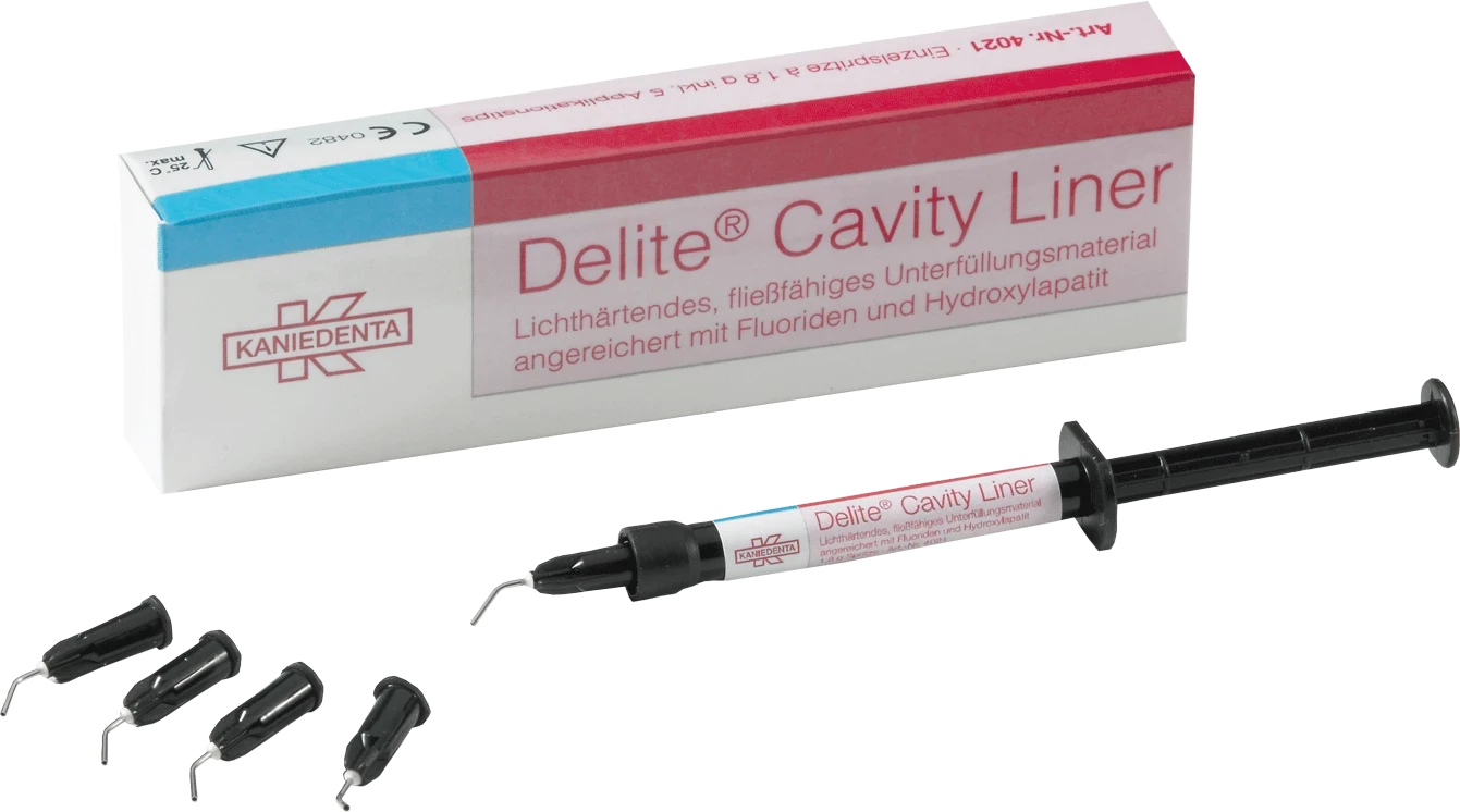 Delite Cavity Liner, Lichthärtende, fließfähige Unterfüllung, Spritze à 1,8 g inkl. 5 Applikationstips
