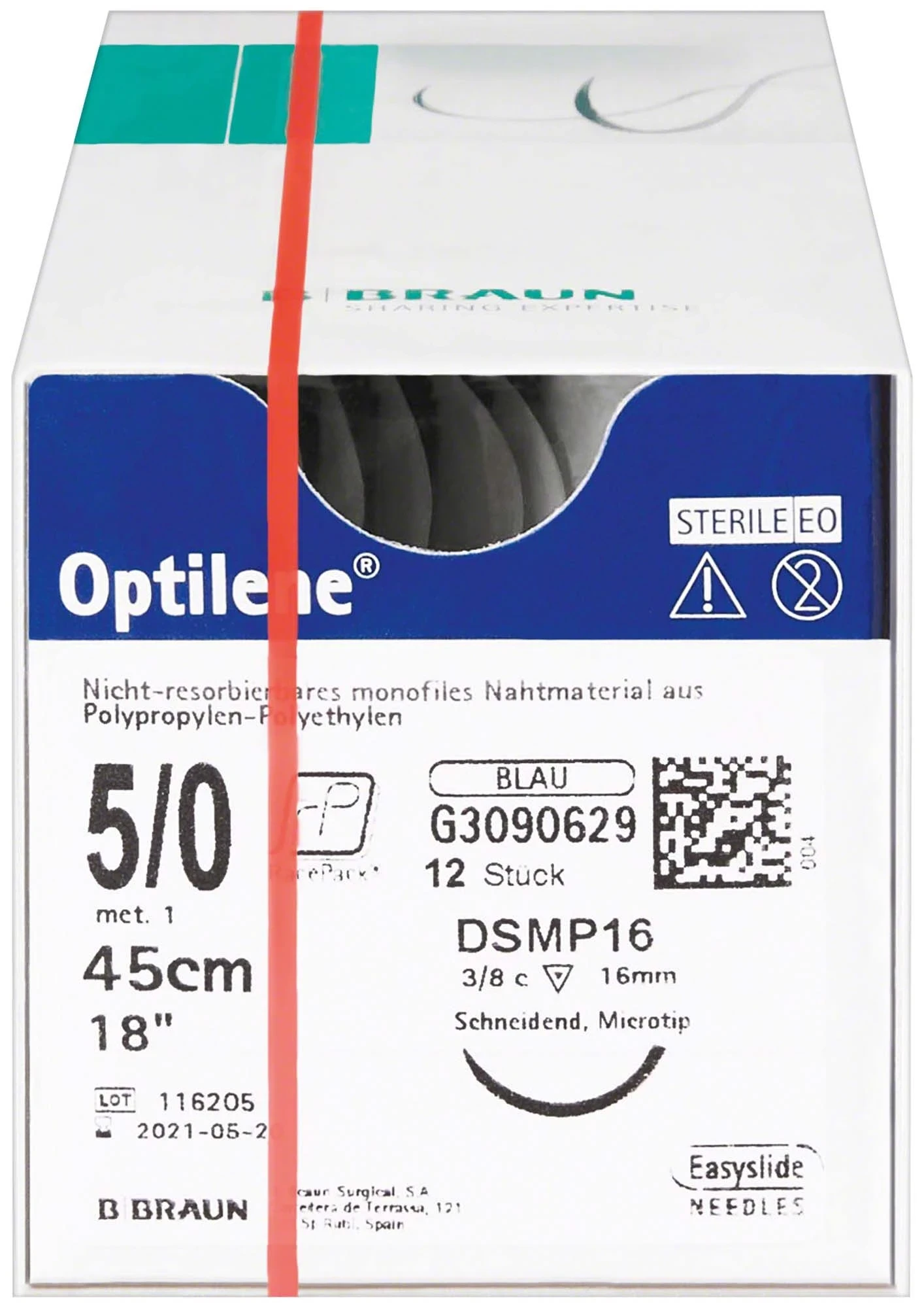Optilene, 0,45 cm, USP 5/0, DSMP 16, blau, Packung à 12 Stück
