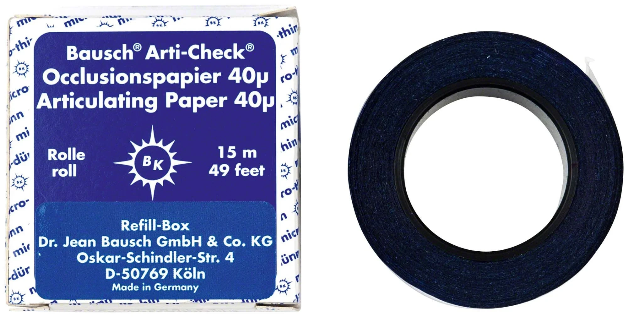 Arti-Check Occlusionspapier 40 µ, 16 mm, mikrodünn, blau, Nachfüllpackung, Rolle à 15 m