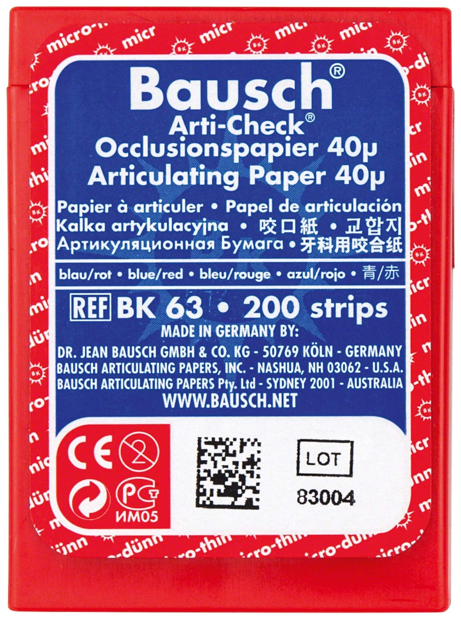 Arti-Check Occlusionspapier, mikrodünn, 40 µ, blau-rot, Packung à 200 Stück